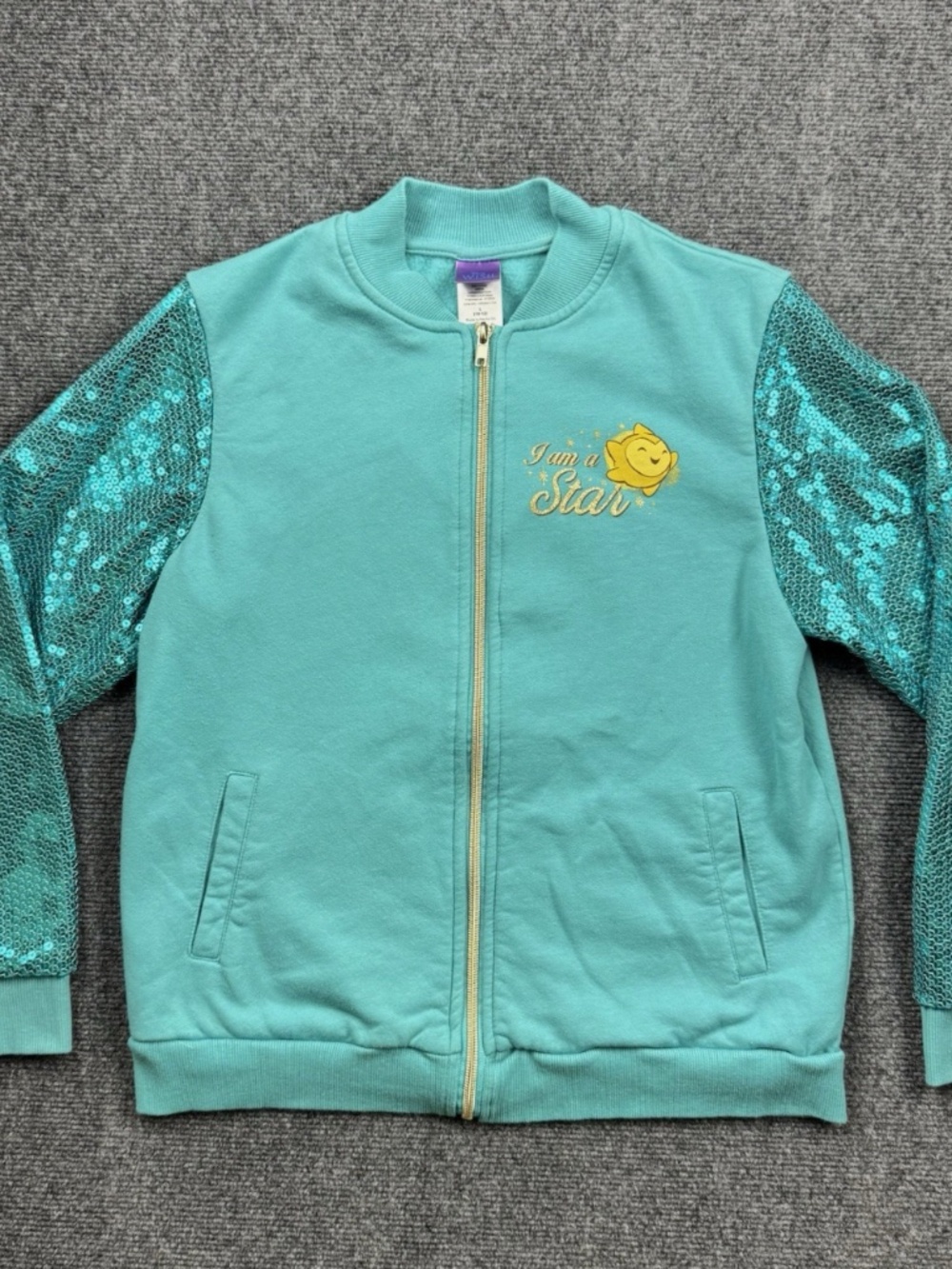 Disney Wish Girls Large (10-12) Bomber Jacket Turquoise Sequined Sleeves